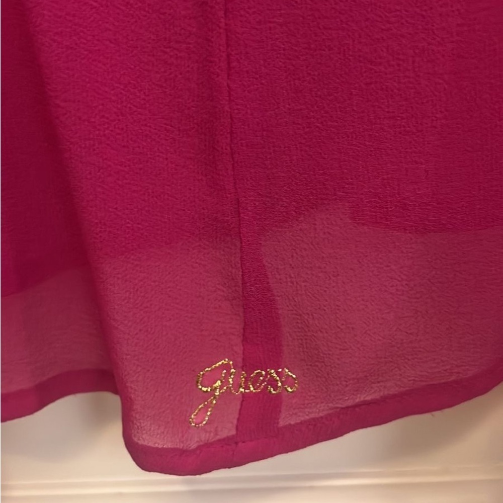 Y2K vintage Guess silk Fuchsia Ruffled Tie Front Blouse - Picture 3 of 6